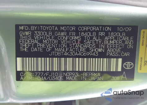 2010 Toyota Yaris z USA, uszkodzony, nr VIN JTDBT4K30A4069943